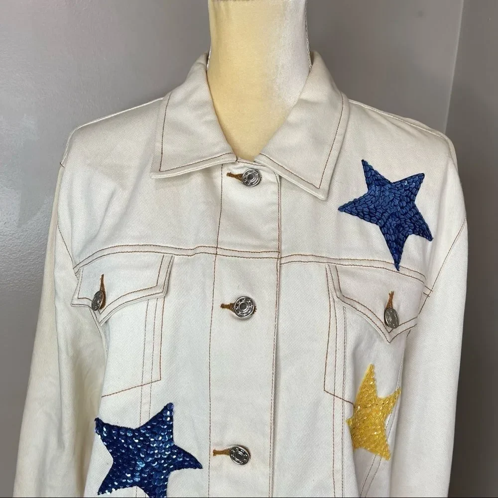 Dianes Beige Star Jeans Jacket Large NWT - Picture 4 of 15
